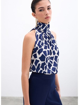 Boğazlı Kolsuz Bluz - Bej-Lacivert