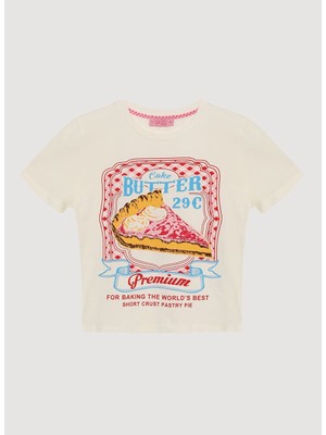 Renkli Pasta Baskılı Kısa Kol Tişört Ekru