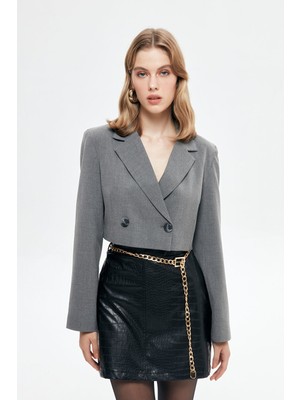 Vatka Detaylı Crop Blazer Ceket Gri