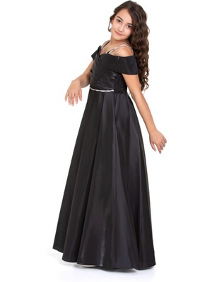 Genç Kız Siyah Saten Abiye Elbise Özel Günler Için Şıklık