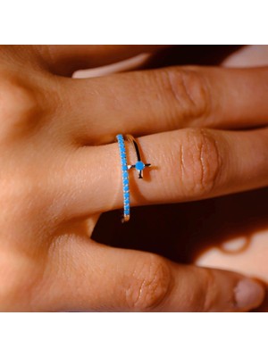 Fasek Gold Gümüş Yüzük - Firuze Taşlı Yarım Tur Sarmalı Modern Tasarım 925 Ayar Gümüş Kadın Yüzük - Hediyelik