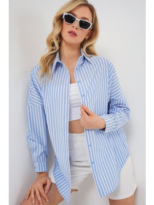 Gökyüzü Moda Çizgili Oversize Gömlek 20332 - B.mavi