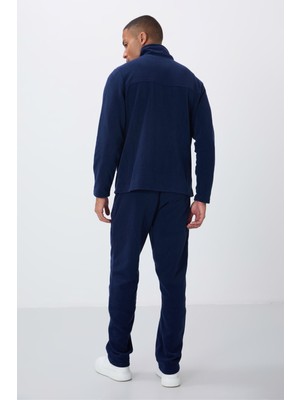 Tommy Life İndigo Dik Yaka Basic Fermuar Cepli Standart Kalıp Erkek Polar Eşofman Takımı - 85193