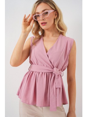 Arben Boutique Kruvaze Yaka Kolsuz Bluz 966 - Pudra