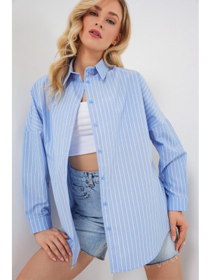 Modavera Çizgili Oversize Gömlek 20332 - Mavi