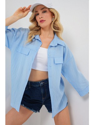 Gökyüzü Moda Cep Detaylı Kısa Kol Gömlek 20317 - Mavi
