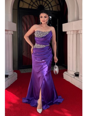 Saten Kumaş Taş Detaylı Büzgülü Abiye Elbise - Mor