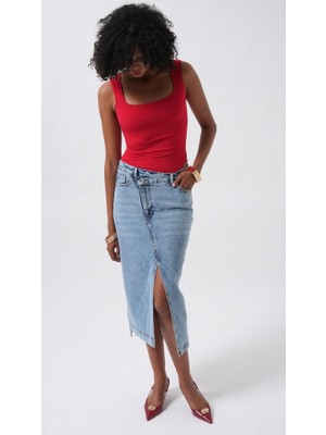 Modavera Yırtmaç Detay Denim Midi Etek