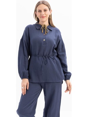 Indigo-Yarım Patlı Düğmeli Müslin Tunik