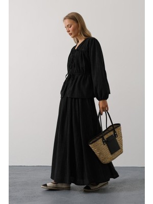 Modavera Önü Bağlamalı Etekli Takım - Siyah