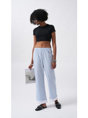 Gökyüzü Moda Paça Şerit Detay Çizgili Pantolon