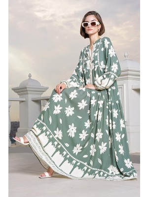 Arben Boutique 2423 Otantik Desenli Tesettür Elbise - Çağla