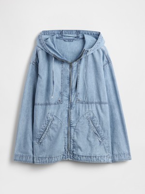 Gap Erkek Mavi Denim Ripstop Oversized Anorak Fermuarlı Ceket