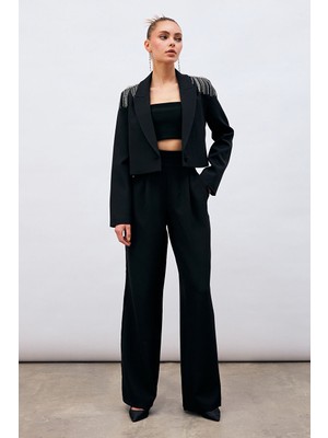 Sateen Kadın Bodycon Silüetli Bel Detaylı Cepli Pantolon Klasik Siyah Renk Özel Olay