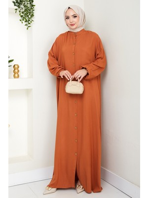 Tam Boy Düğmeli Dokuma Viskon Ferace Elbise 1556 - Kiremit