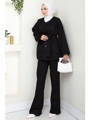 Kemerli Ceket Pantolon Gabardin Takım 1557 - Siyah