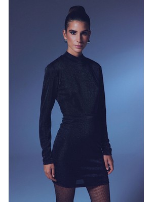 Dik Yaka Simli Bodysuit - Siyah