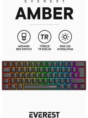 Everest Amber Type-C Bağlantılı Rgb Ledli Mekanik Gaming Oyuncu Klavye Q Red Switch