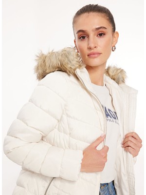 Only Kırık Beyaz Kadın Kaban Onlellan Quılted Hood Fur Coat cc O