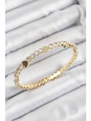 Pirinç Zirkon Taşlı Kalp Model Gold Renk Yaylı Kadın Bileklik