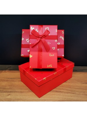 Dikdörtgen 3'lü Kırmızı Hediye Kutusu