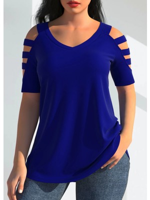 Gökyüzü Moda Kadın Kısa Kollu Kollar Şerit Detay V Yaka Viskon Bluz