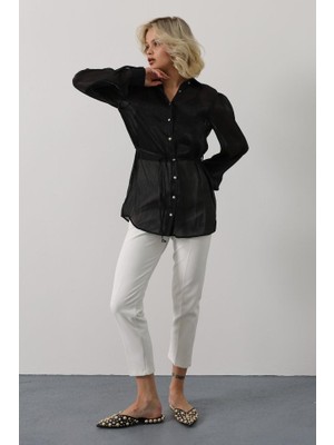 Nidam Butik Belden Bağlamalı Uzun Kol Gömlek - Siyah