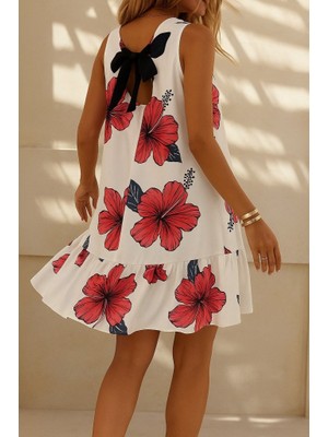 Passense Kadın Sıfır Kol Sırttan Bağlamalı Fırfırlı Çiçek Desenli Süprem Elbise