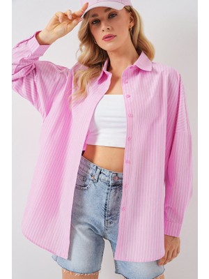 Gökyüzü Moda Çizgili Oversize Gömlek 20332 - Pembe
