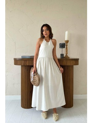 Arben Boutique Bej Arkası Gipeli Keten Elbise