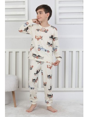 Isob Bej Uçak Desenli %100 Pamuk Erkek Çocuk Pijama Takımı 3-8 Yaş 51303-B