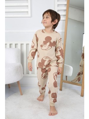 Isob Bej Mickey Mause Desenli %100 Pamuk Erkek Çocuk Pijama Takımı 3-8 Yaş 31233-B