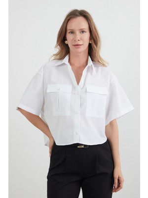 Basic Çift Cepli Arkası Uzun Crop Gömlek