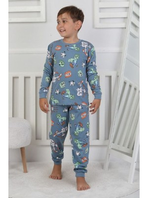 Isob Mavi Minec Desenli %100 Pamuk Erkek Çocuk Pijama Takımı 3-8 Yaş 51305-M