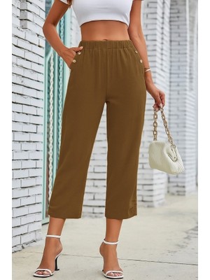 Arben Boutique Kadın Beli Lastikli Düğme ve Cep Detaylı Kapri Ithal Keten Pantolon