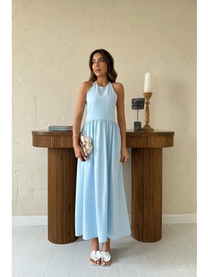 Passense Bebe Mavi Arkası Gipeli Keten Elbise