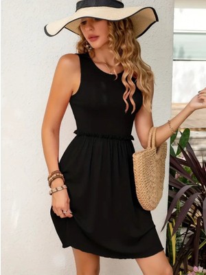 Sosostyle Kadın Kolsuz Bel Lastik ve Büzgü Detay Viskon Mini Elbise