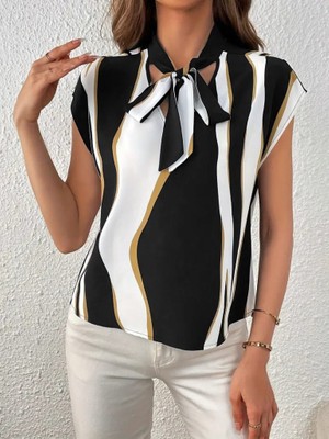 Aisha Elbise Kadın Kısa Kollu Boyundan Bağlamalı Desenli Dokuma Bluz