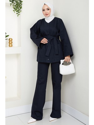Kemerli Ceket Pantolon Gabardin Takım 1557 - Lacivert