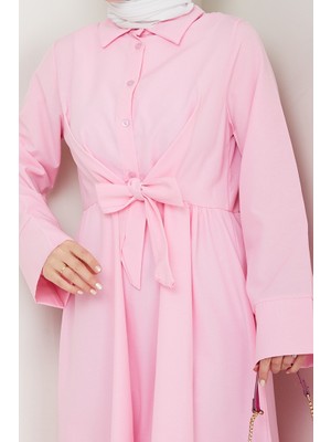 Renda Belden Bağlamalı Elbise 1467 - Pudra