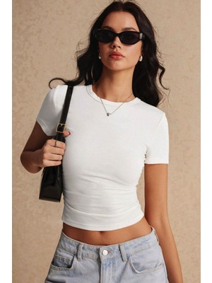 Teenage Millionaire Kadın Beyaz Bisiklet Yaka Likralı Kısa Kol Body Crop Bluz Örme Kumaş M