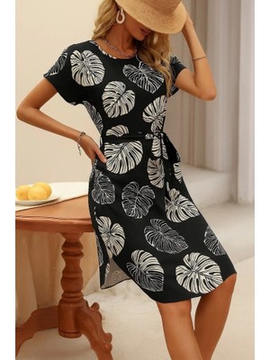 Defy Moda Kadın Kısa Kollu Bisiklet Yaka Desenli Kuşaklı Örme Krep Midi Elbise