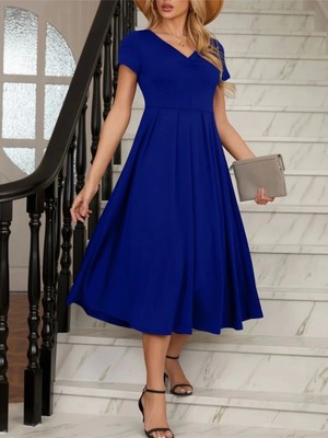 Defy Moda Kadın Kısa Kollu V Yakalı Önden Pileli Midi Janjan Krep Elbise