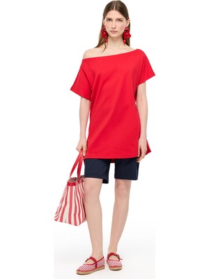 Perspective Kırmızı Kayık Yaka Pamuklu Tişört