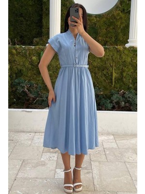 Bebe Mavisi Kısa Kollu Midi Boy Kadın Elbise MG2497