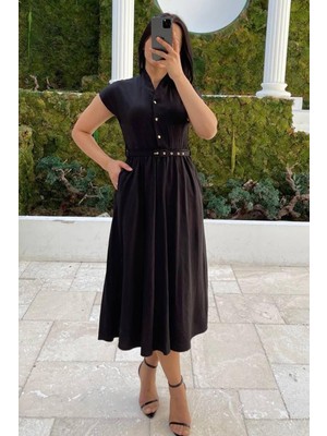 Siyah Kısa Kollu Midi Boy Kadın Elbise MG2497