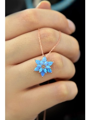 925 Ayar Gümüş Turkuaz Doğal Opal Taşlı Lotus Kolye