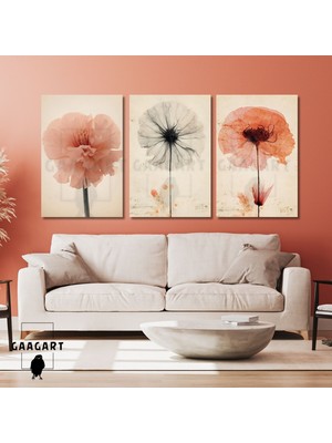 3'lü Kanvas Salon Tablosu Seti Bohem Soft Çiçekler