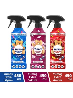 Yumoş Ev&Tekstil Spreyi 450 ml Amber, Sakura ve Lilyum Renk Seçenekleri ile Üçlü Set