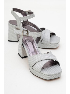 Lisbon Gümüş Simli Çapraz Bantlı Kadın Platform Topuklu Ayakkabı